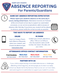 Absence reporting flyer with Maine 207 logo. It explains how parents can report student absences online or by phone, lists contact info for four schools, and encourages parents to communicate about attendance concerns.