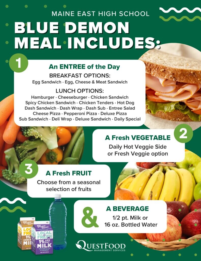 Blue Demon meal includes: entrée of the day, lunch options, fresh veggie, fresh fruit, and a beverage. Food photos and text describe menu choices; Maine East High School and QuestFood logos are also shown.