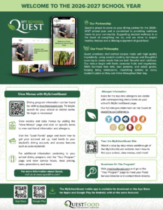 Informational flyer for the 2026-2027 school year about Quest Foods healthy dining program, menu access, allergen information, and app download for students and families.