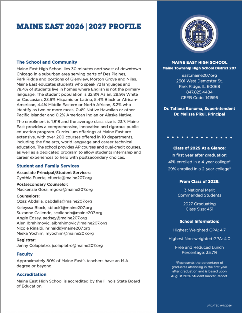 A Maine East High School profile page displays school contact info, demographics, academic highlights, student services, and college admission statistics on a blue and white background with the school logo.