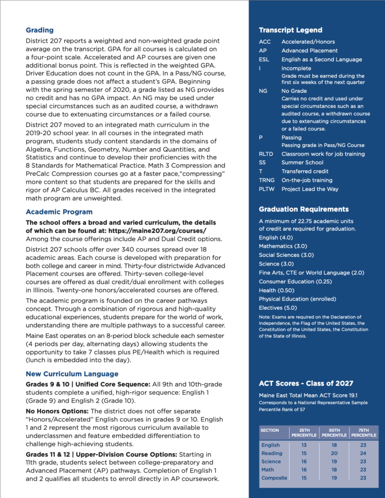 A page from a high school course guide detailing grading policies, transcript legend, academic programs, and ACT scores, with blue headings and sections of text organized in columns.